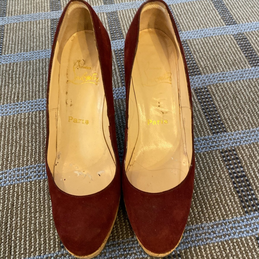 Deep red suede cork Louboutins